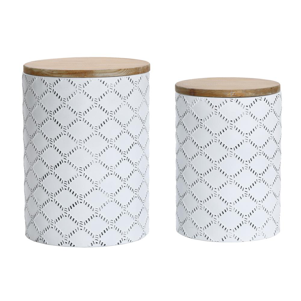 Set of 2 White Round Metal Side and End Tables with Enclosed Storage. Picture 1