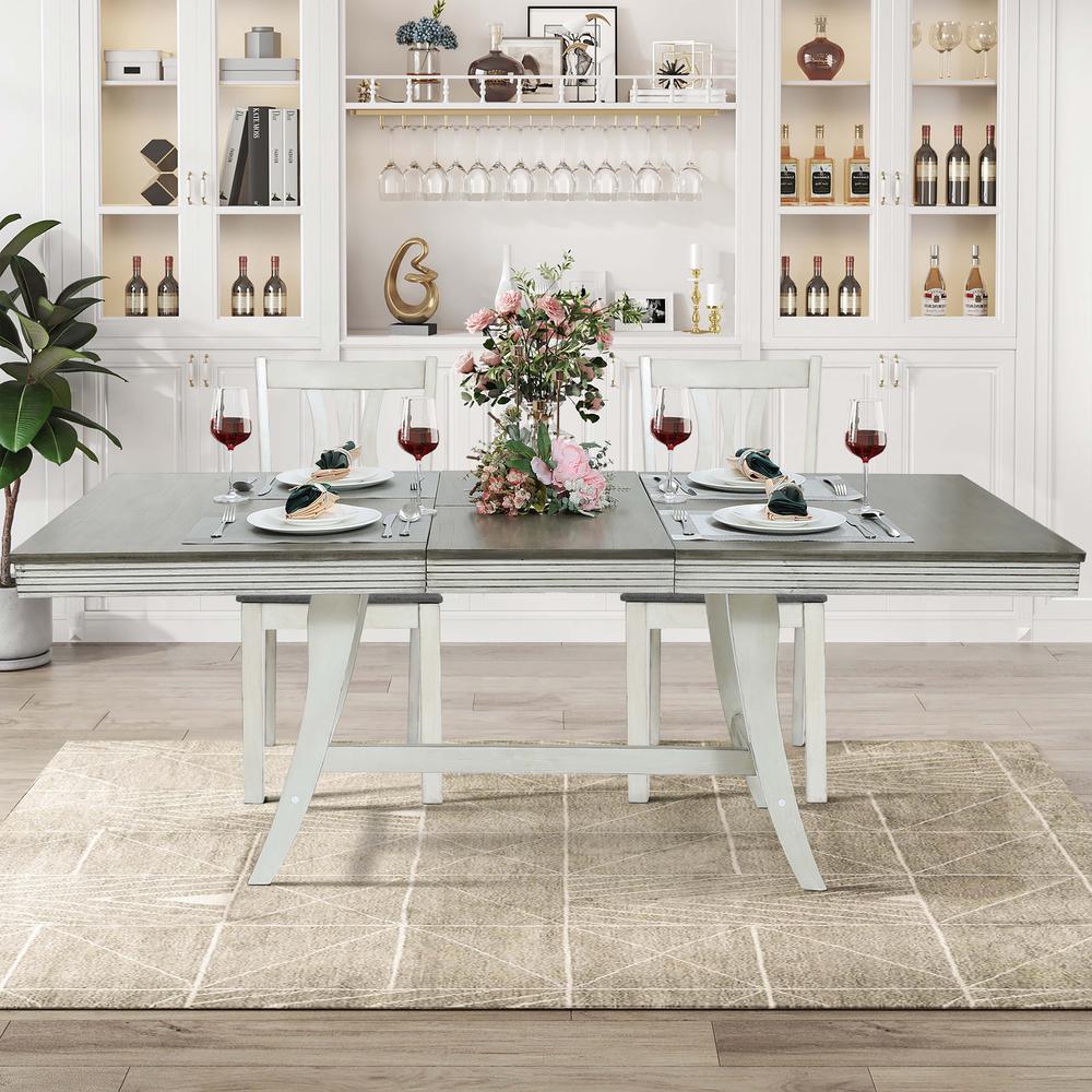 76" Rectangular Distressed Off White and Rubberwood Expandable Dining Table. Picture 6