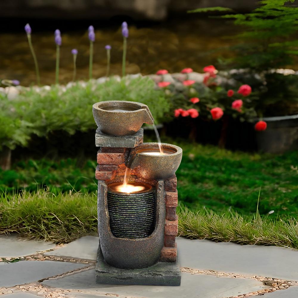 23" H Bowls and Bricks Resin Outdoor Fountain with LED Lights. Picture 7