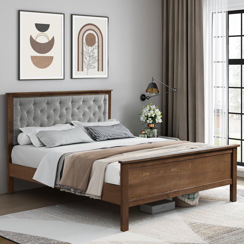 Farmhouse Gray Upholstered Queen Platform Bed Headboard and Wood Footboard Set. Picture 7