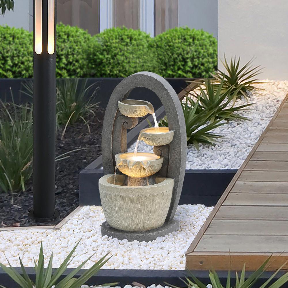 Gray Oval Cascading Bowls Resin Outdoor Fountain with LED Lights. Picture 3
