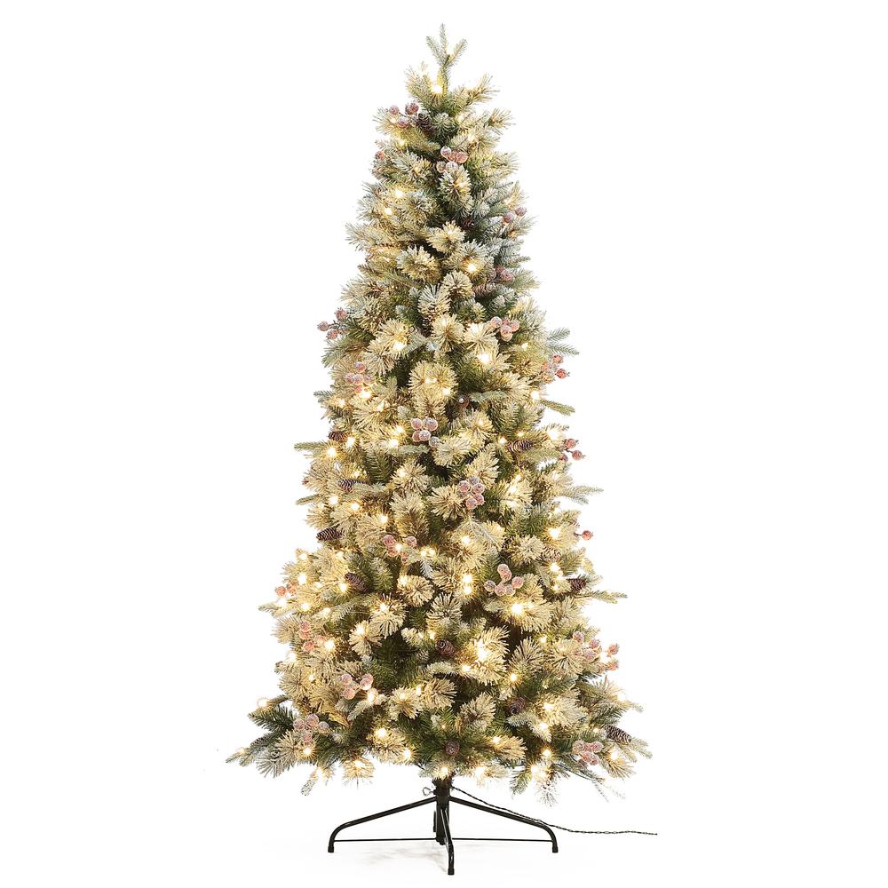 6.5Ft Pre-Lit Flocked Artificial Christmas Tree with Berries and Pine Cones. Picture 6