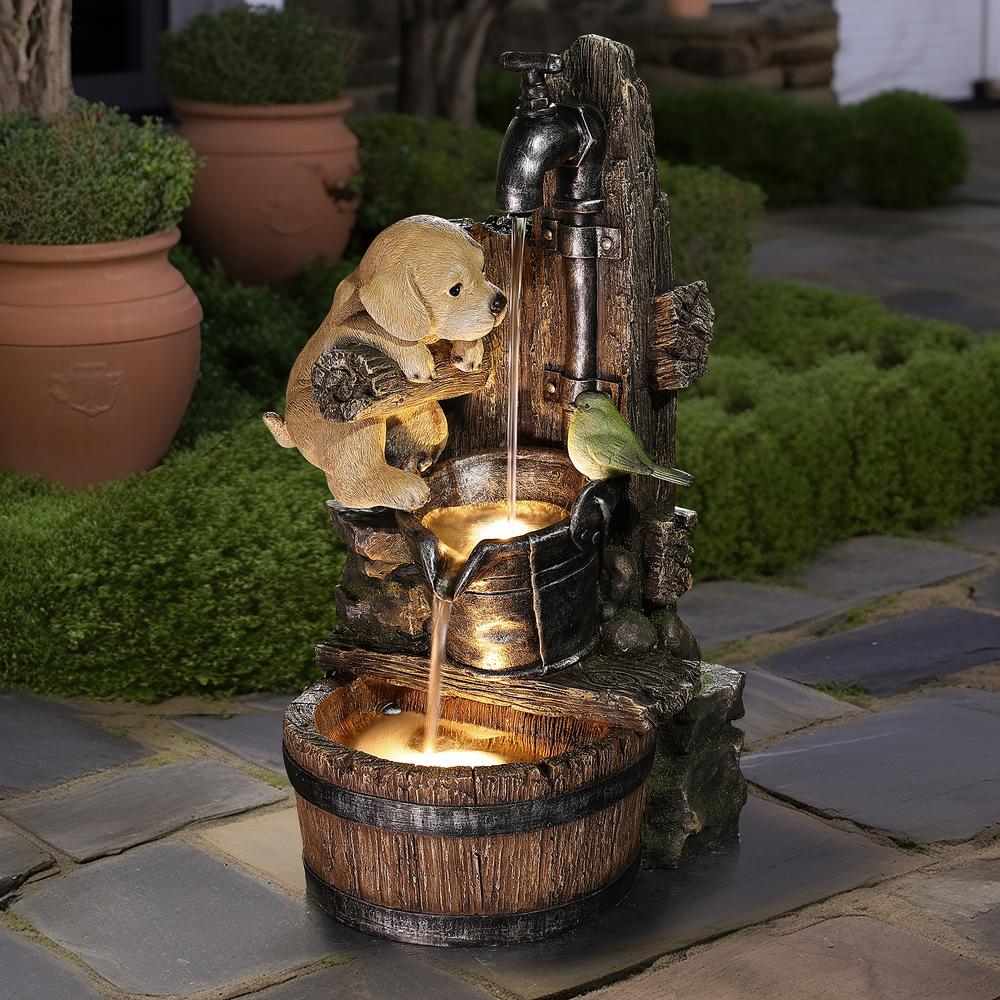 Puppy at the Farmhouse Faucet Resin Outdoor Fountain with Lights. Picture 5
