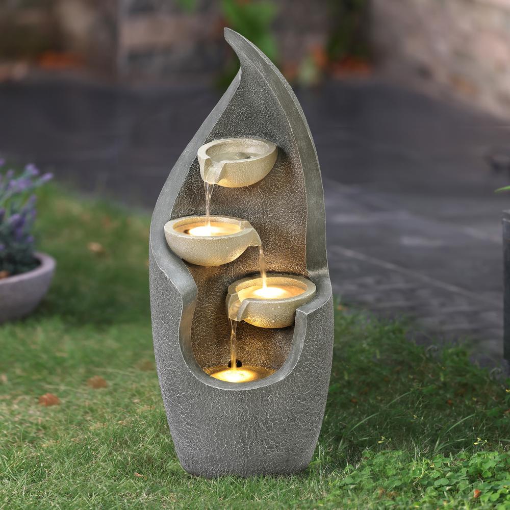 Gray Curves Cascading Bowls Resin Outdoor Fountain with LED Lights. Picture 3