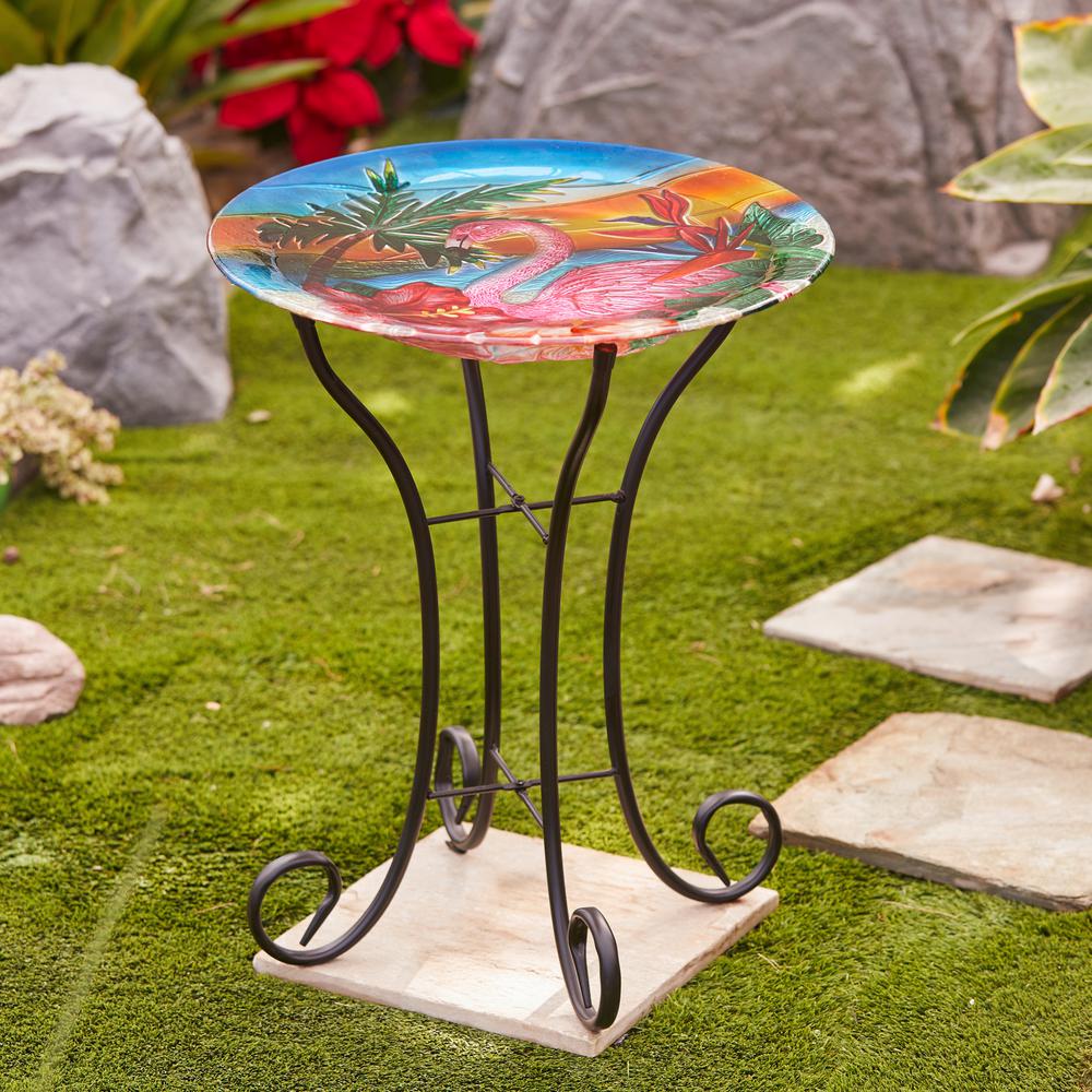 LuxenHome Flamingo Glass Bird Bath with Metal Stand. Picture 5