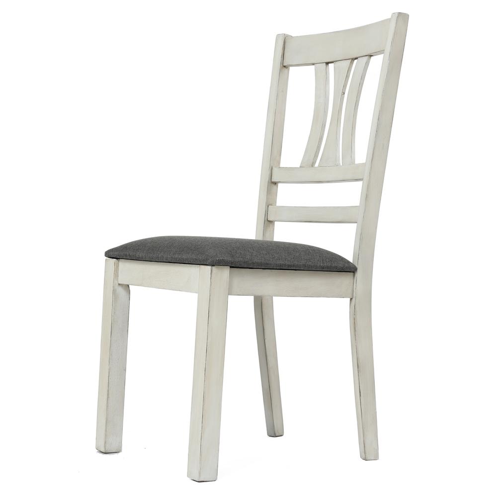 Distressed White Rubberwood and Gray Upholstered  Seat Dining Chair, Set of 2. Picture 3