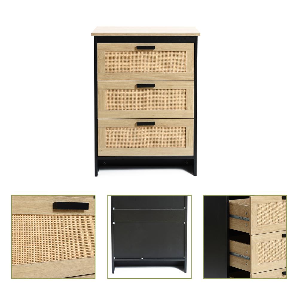 Black and Brown Wood 3-Drawer Rattan Chest. Picture 8
