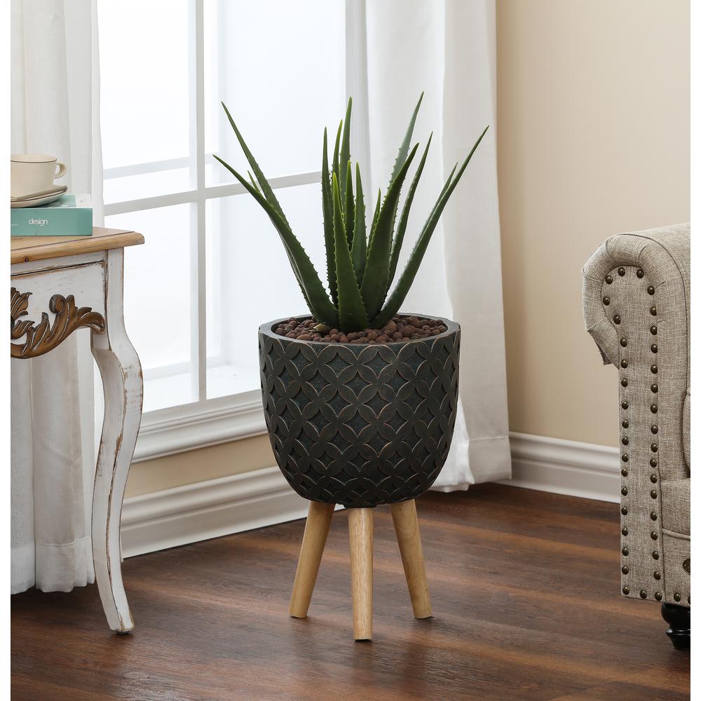 LuxenHome Butterfly Embossed Brown 12.3 in. Round MgO Planter with Wood Legs. Picture 2