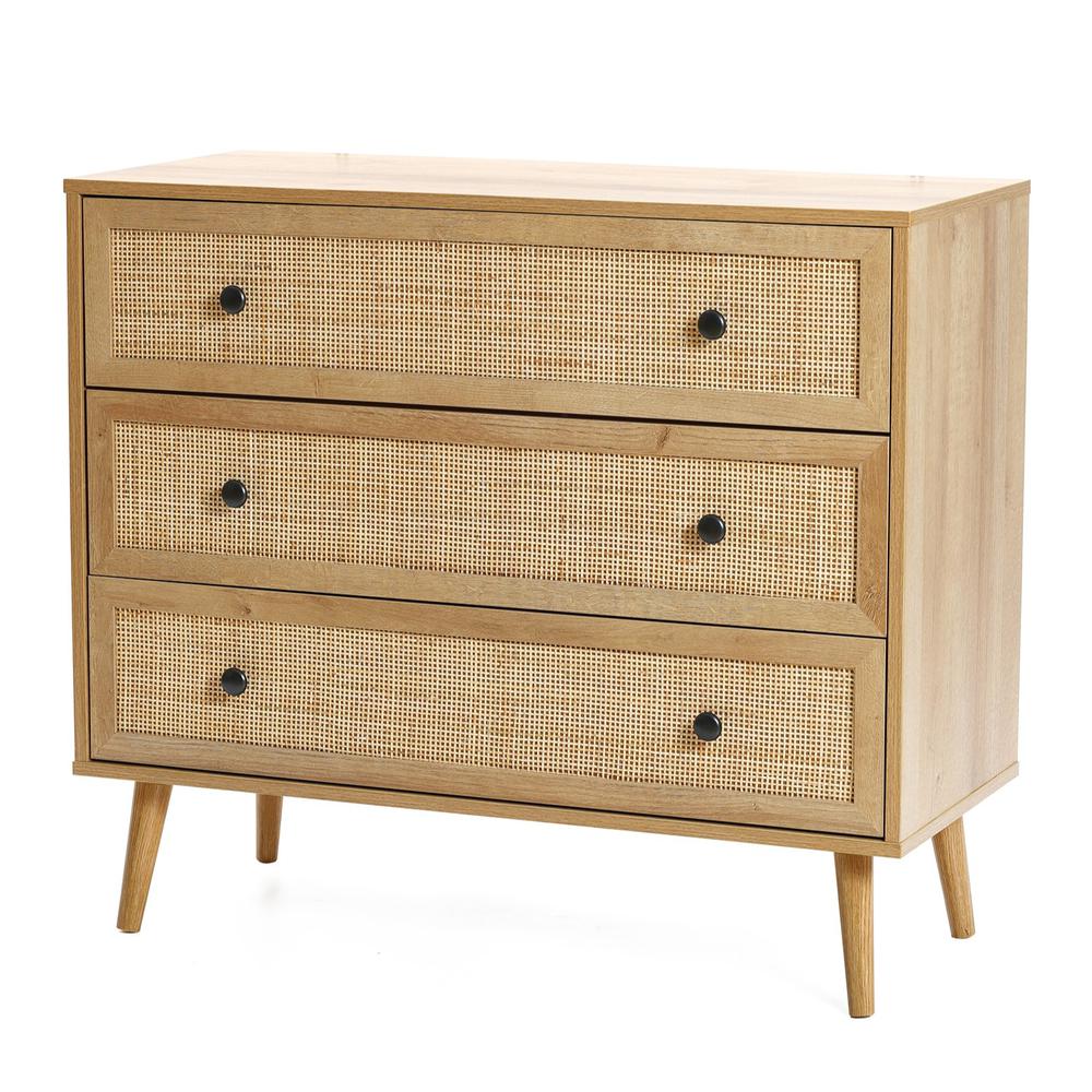 35.4" Wide 3-Drawer Rattan Light Oak Finish Wood Dresser. Picture 3