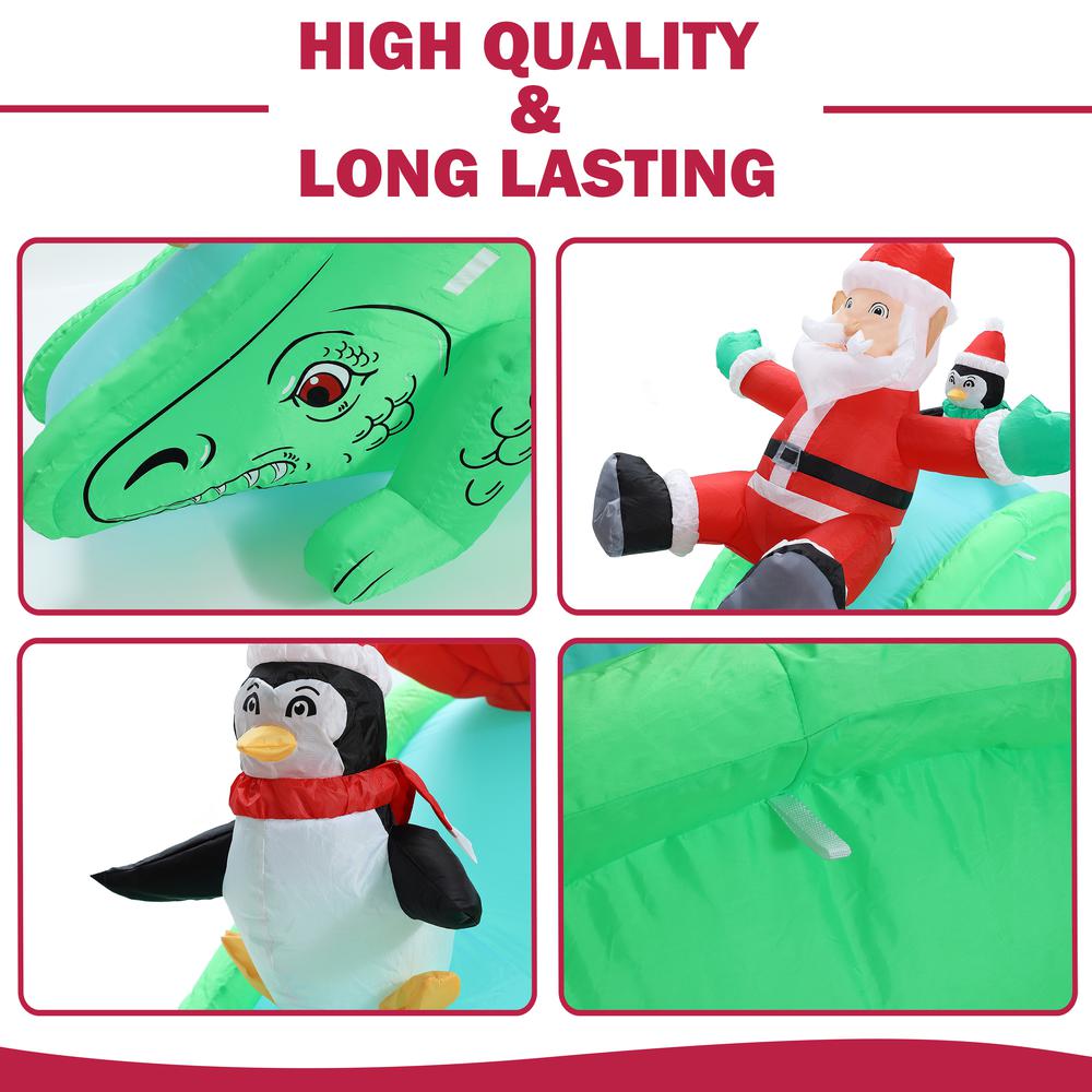 Santa and Penguins Trio Sliding on a Dinosaur Inflatable Holiday Decoration. Picture 7