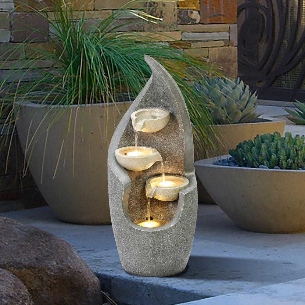 Gray Curves Cascading Bowls Resin Outdoor Fountain with LED Lights. Picture 5