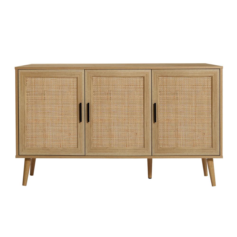 47.2" Wide 3-Door Rattan Light Oak Finish Wood Sideboard Cabinet. Picture 1