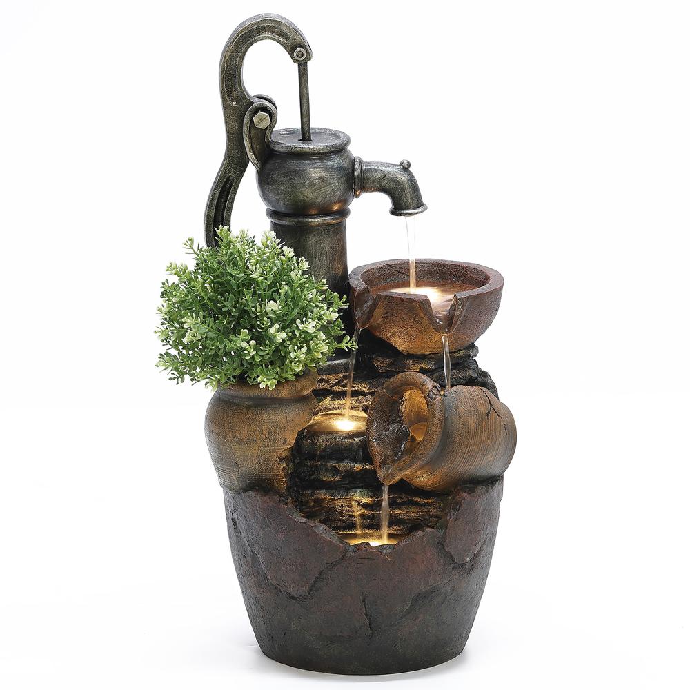 Farmhouse Pump and Pots Resin Outdoor Fountain with LED Lights. Picture 6