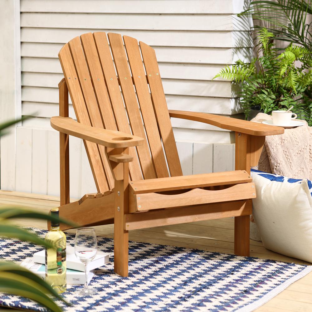 LuxenHome Adirondack Outdoor Wood Chair with Cup Holder. Picture 2