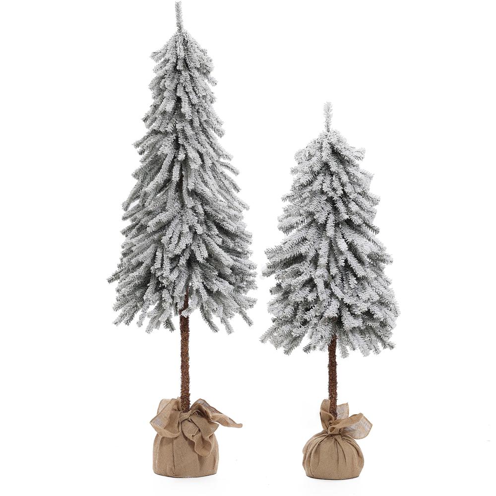 Set of 2 Pre-lit Snow-Flocked Potted Artificial Christmas Tree. Picture 1