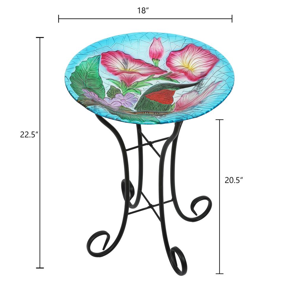 LuxenHome Hummingbird Floral Glass Bird Bath with Metal Stand. Picture 13
