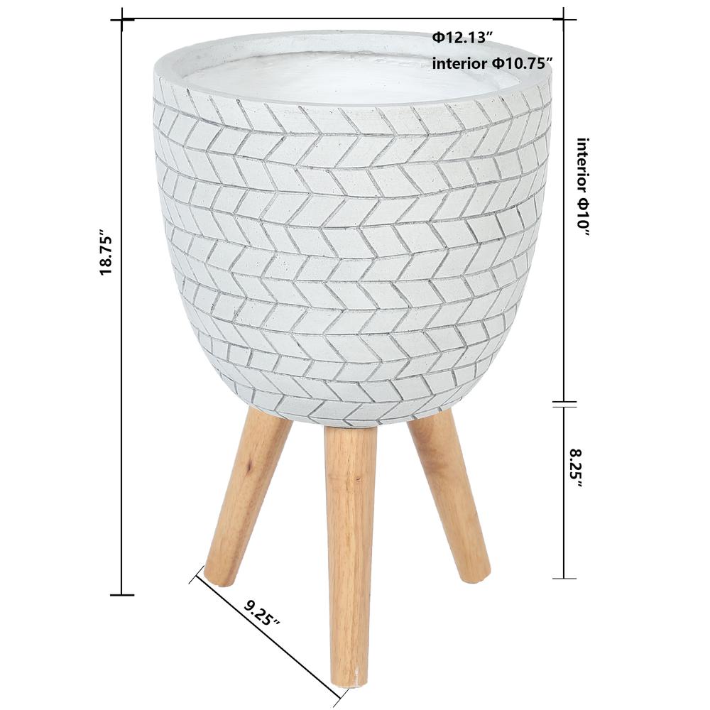 LuxenHome White Cube Design 12.1 in. Round MgO Planter with Wood Legs. Picture 7