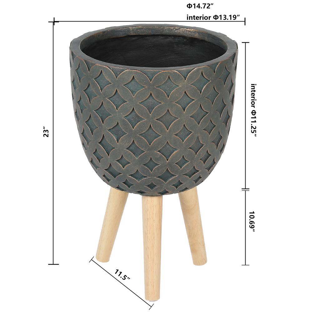 LuxenHome Butterfly Embossed Brown 14.7 in. Round MgO Planter with Wood Legs. Picture 7