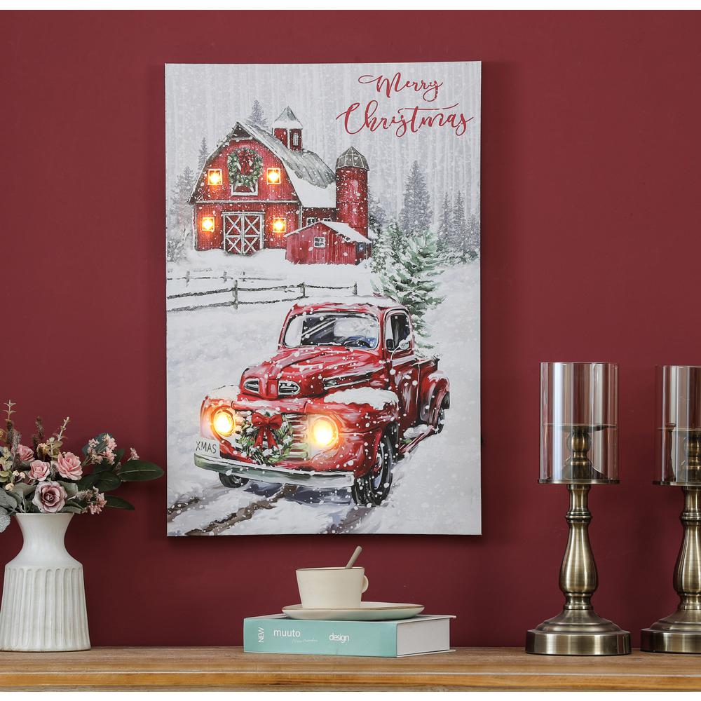 Merry Christmas Red Truck Winter Scene Lighted Canvas Print. Picture 3