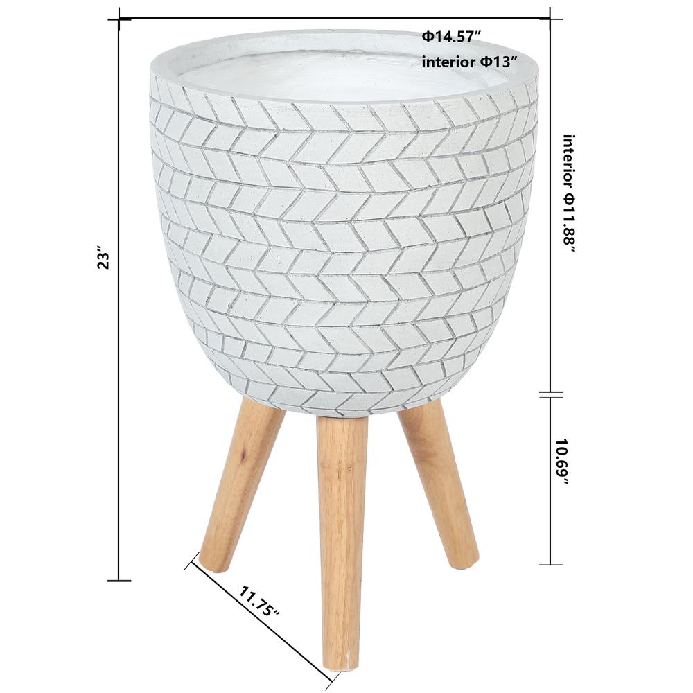 LuxenHome White Cube Design 14.6 in. Round MgO Planter with Wood Legs. Picture 7