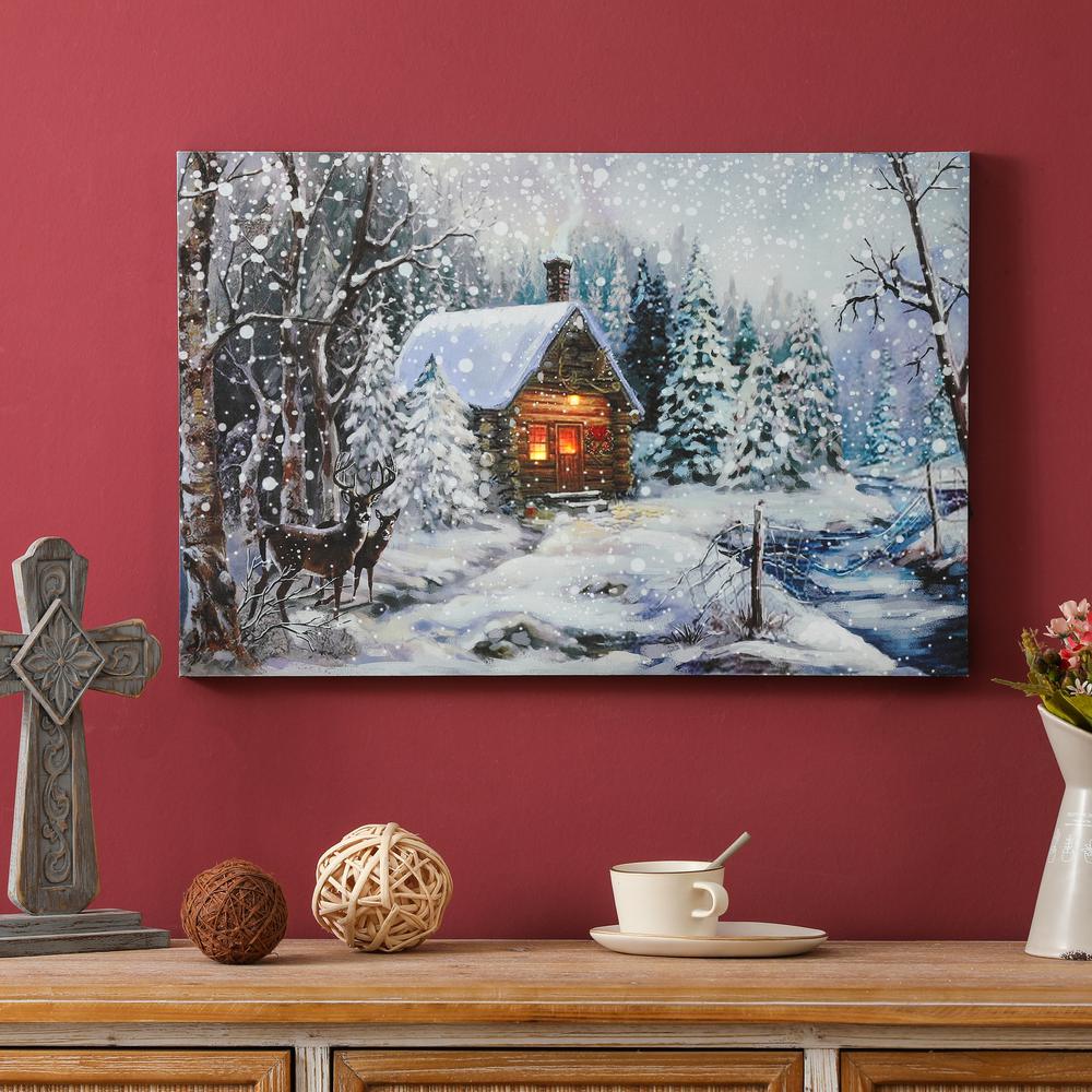 Winter Wonderland Log Cabin Lighted Canvas Print. Picture 3