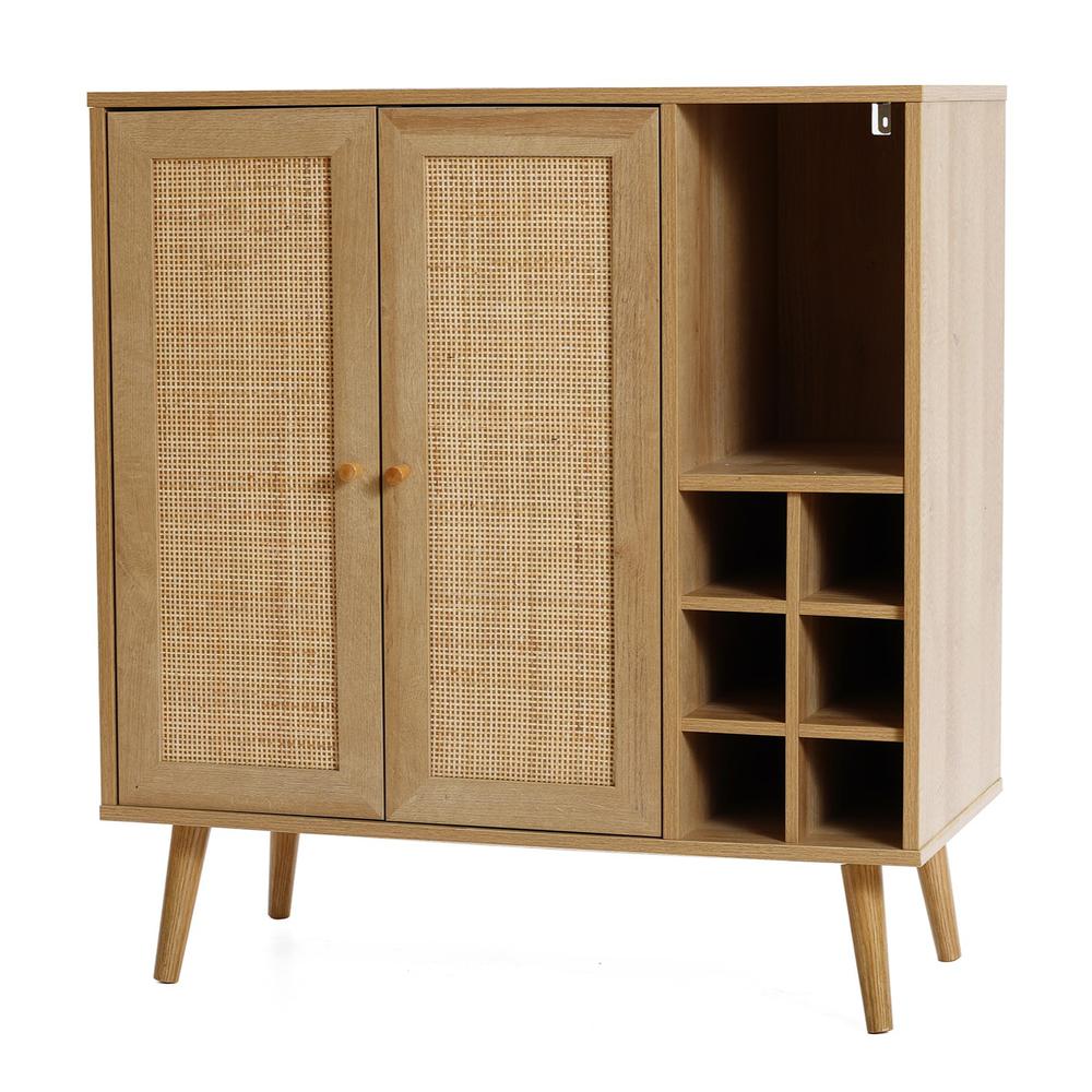35" Tall 2-Door Rattan Light Oak Finish Wood Wine and Storage Cabinet. Picture 3