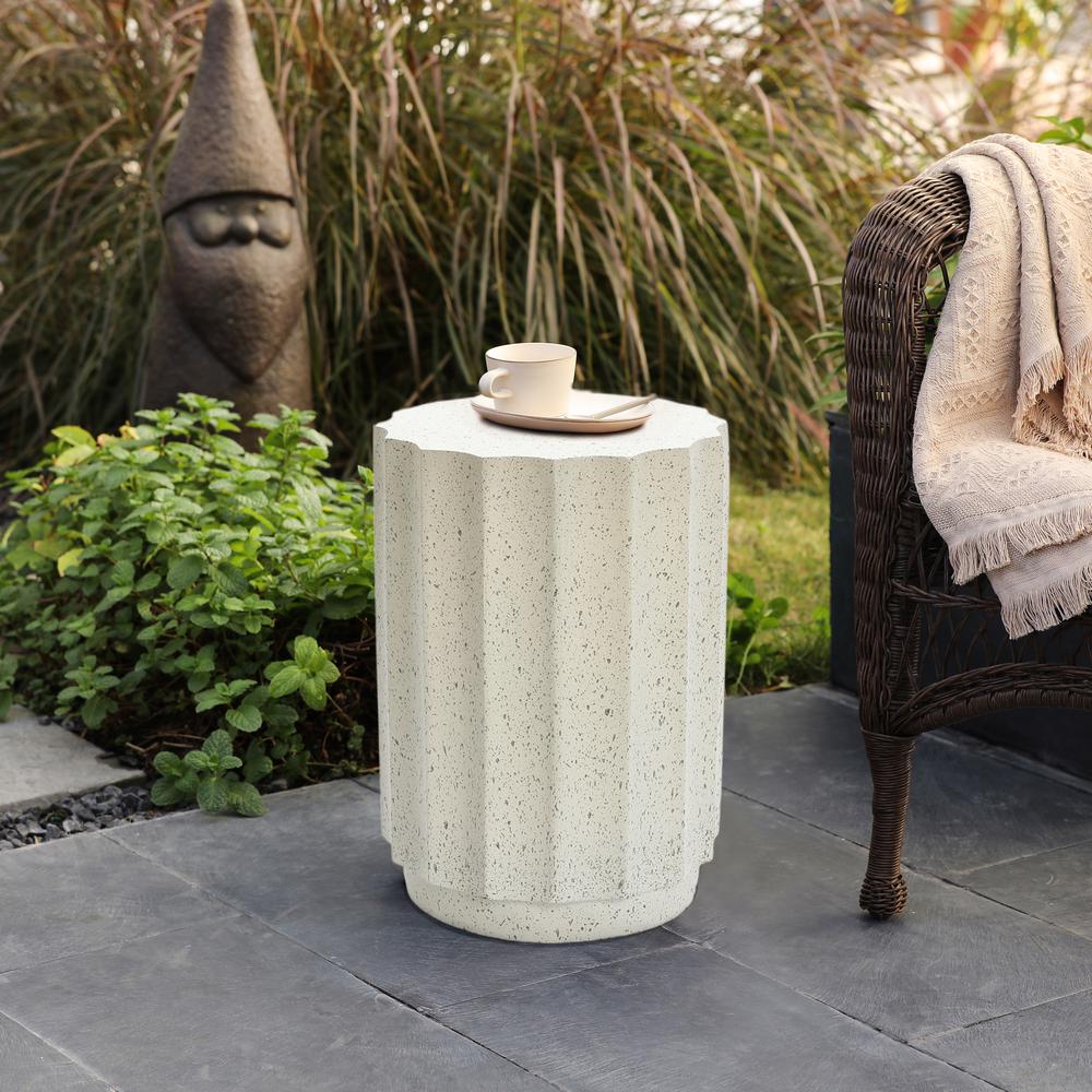 Off White with Gray Cement Fluted Round Indoor Outdoor Side and End Table. Picture 3