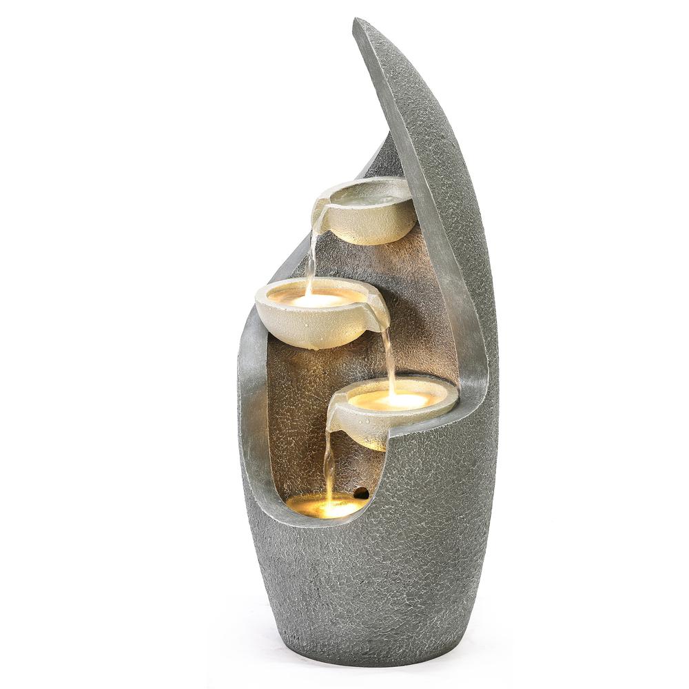 Gray Curves Cascading Bowls Resin Outdoor Fountain with LED Lights. Picture 8
