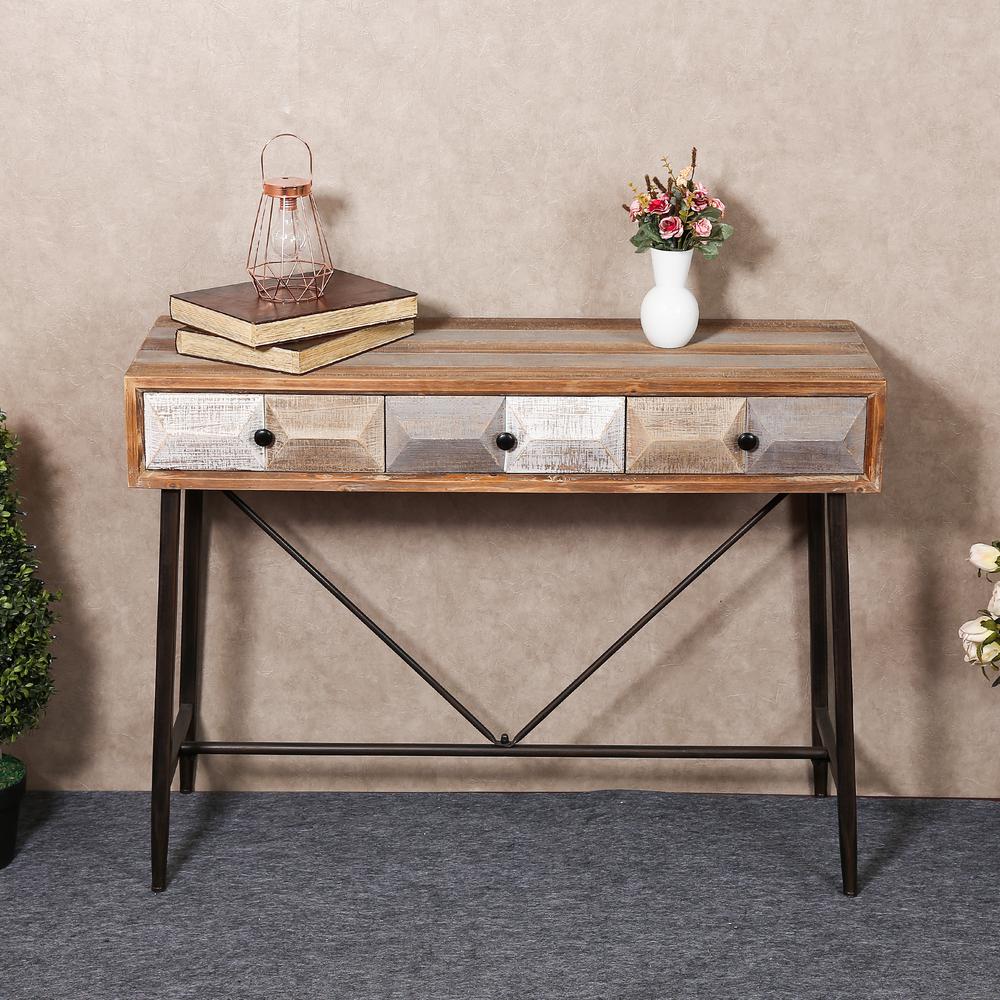 Rustic Mid-Century Three Drawer Console Table. Picture 2