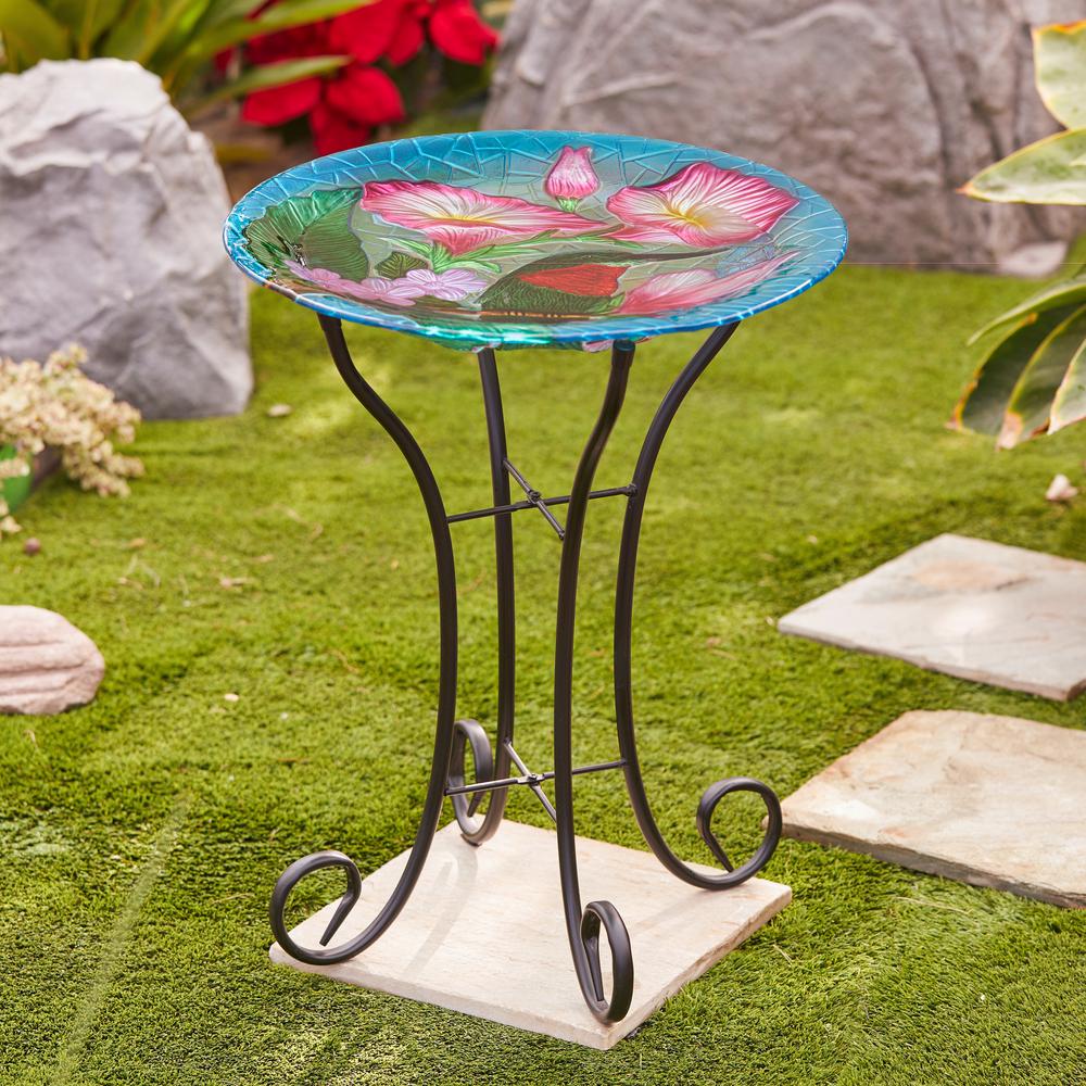 LuxenHome Hummingbird Floral Glass Bird Bath with Metal Stand. Picture 5