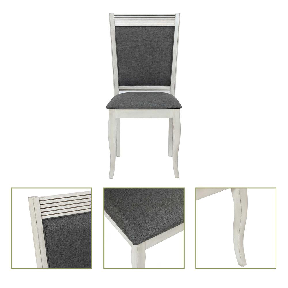 Distressed Off White Rubberwood and Gray Upholstered Dining Chair, Set of 2. Picture 9