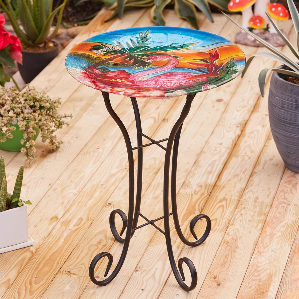 LuxenHome Flamingo Glass Bird Bath with Metal Stand. Picture 3