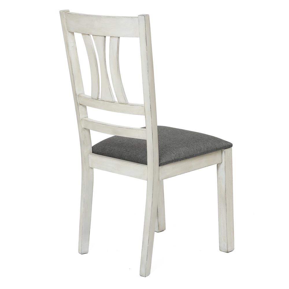 Distressed White Rubberwood and Gray Upholstered  Seat Dining Chair, Set of 2. Picture 4