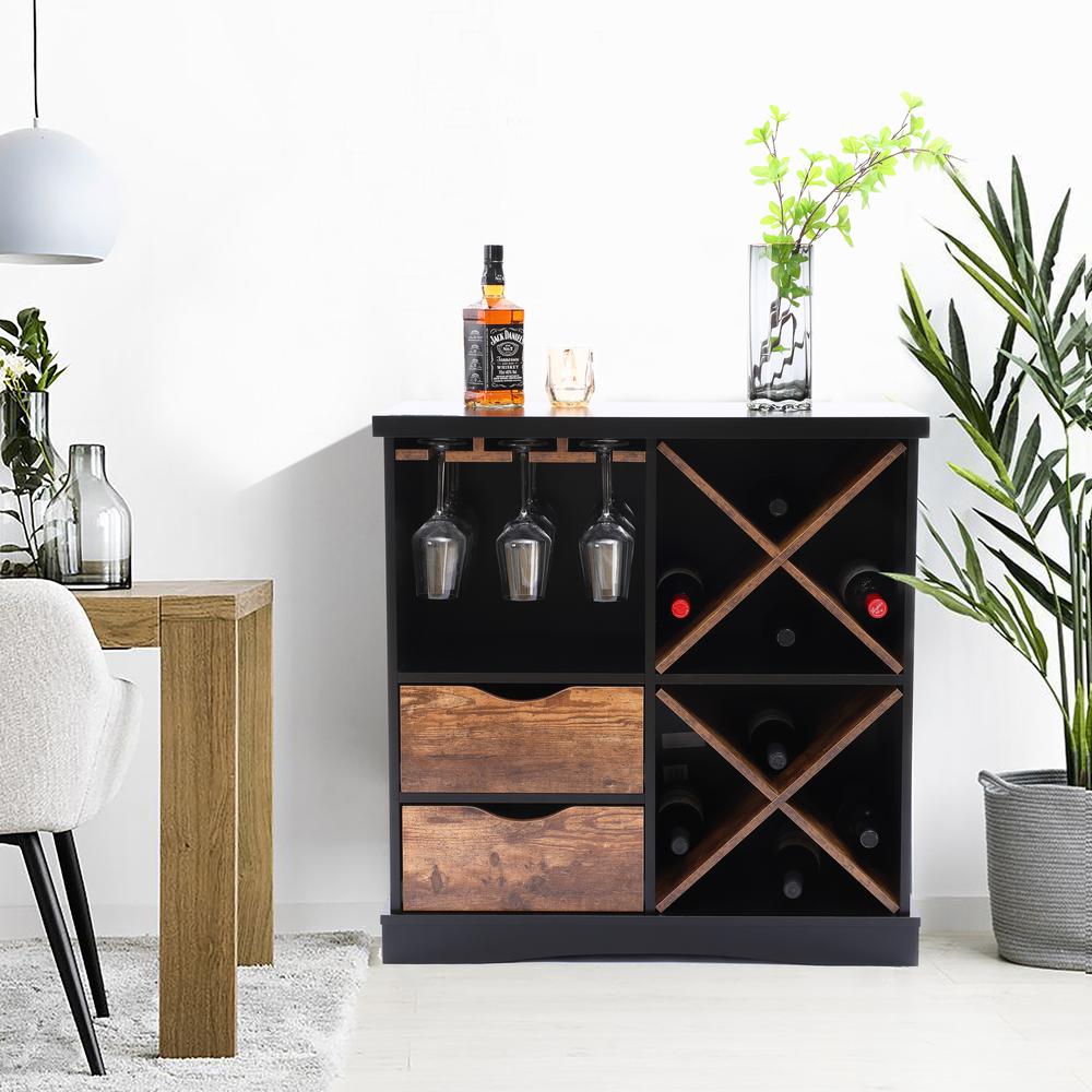 Black and Brown Wood 2-Drawer X-Storage Wine Cabinet. Picture 2