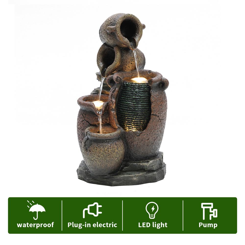 Rustic Brown Urns Resin Outdoor Fountain with LED Lights. Picture 9