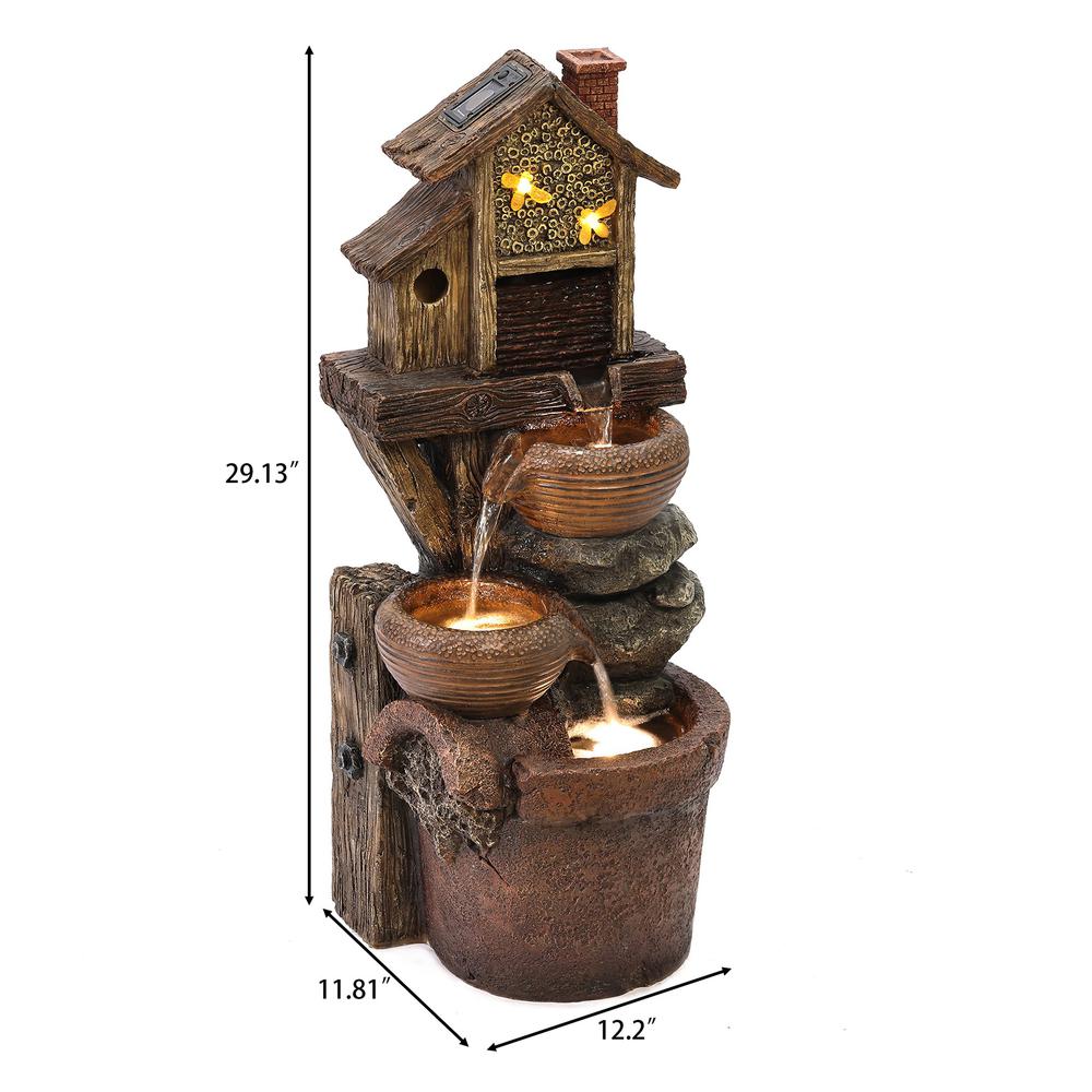 29.1" H Bowls and Birdhouse Resin Outdoor Fountain with LED Lights. Picture 9