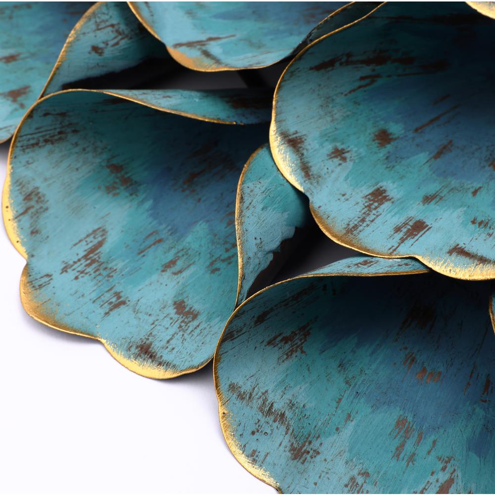 23.5" Round Teal Blue Flower Metal Wall Decor. Picture 6