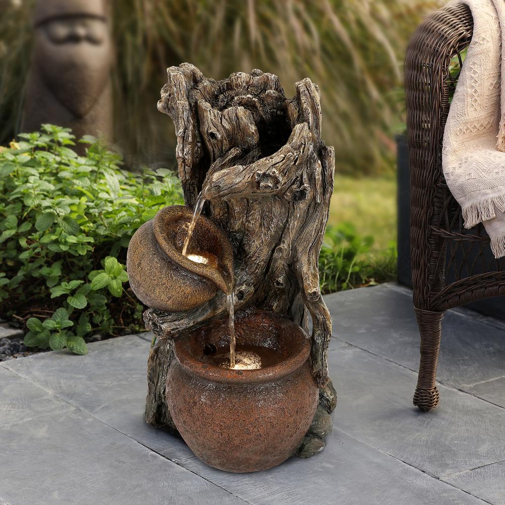 Brown Resin Tree Farmhouse Pots Outdoor Fountain with LED Lights. Picture 3