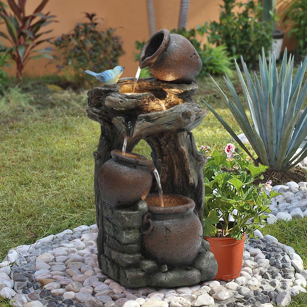 Rustic Pots and Pitchers on Tree Resin Outdoor Fountain with LED Lights. Picture 3