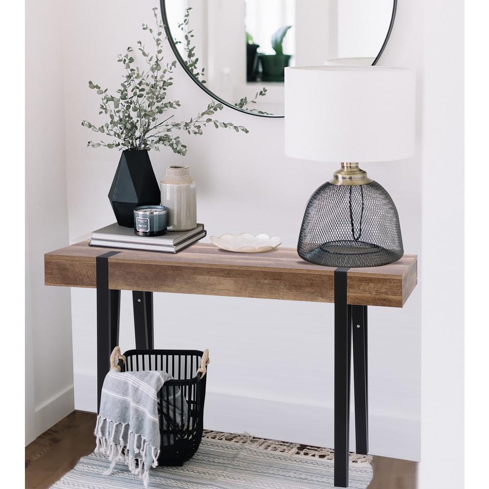Oak Finish MDF Wood Black Metal Console Entry Table. Picture 4