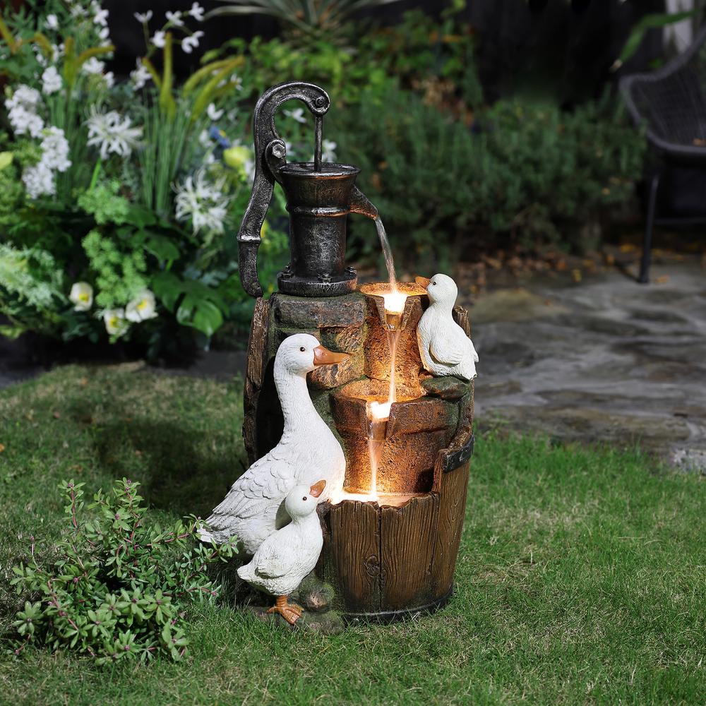 Farmhouse Pump and Duck Family Resin Outdoor Fountain with LED Lights. Picture 3