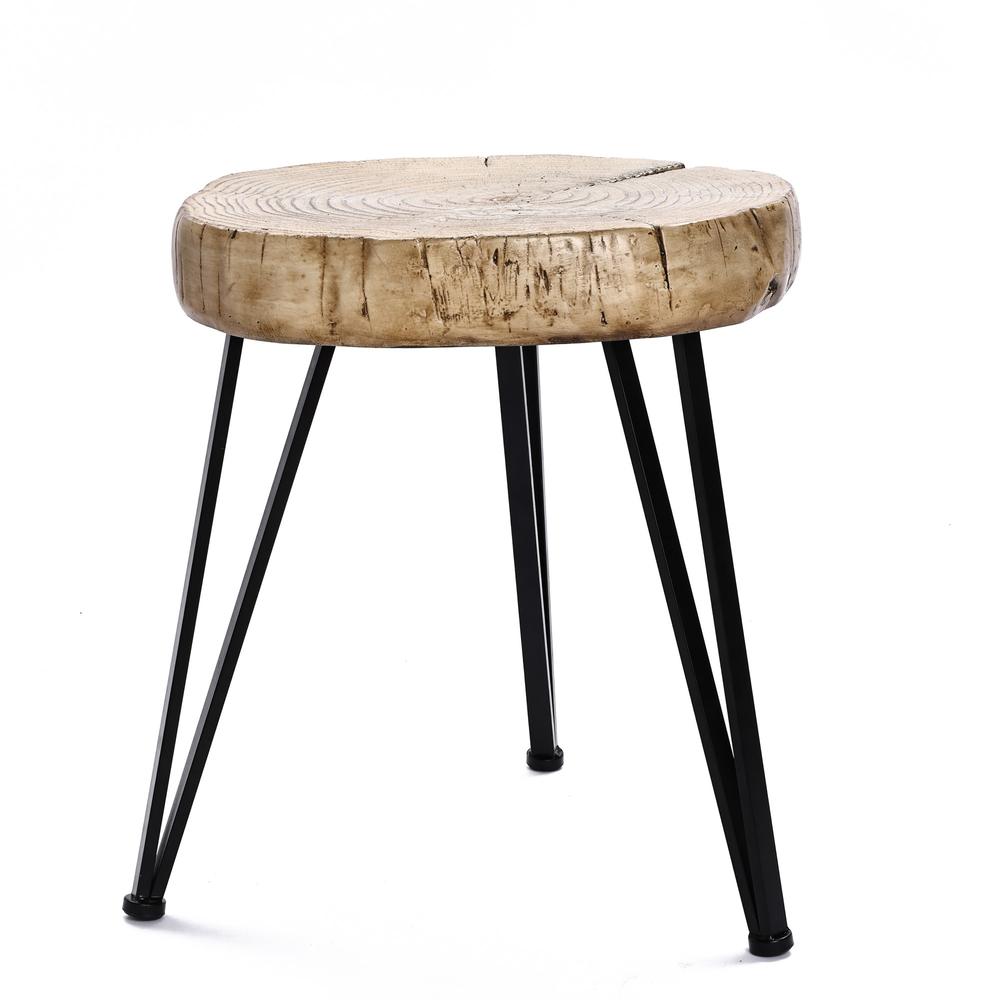 Natural Faux Wood Top with Black Metal Legs Side Table, Indoors and Outdoors. Picture 4