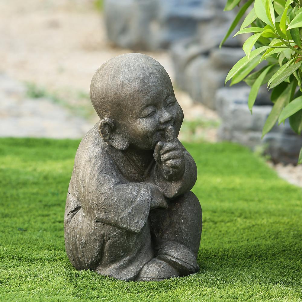 Weathered Brown MgO Quiet Little Buddha Monk Garden Statue. Picture 1