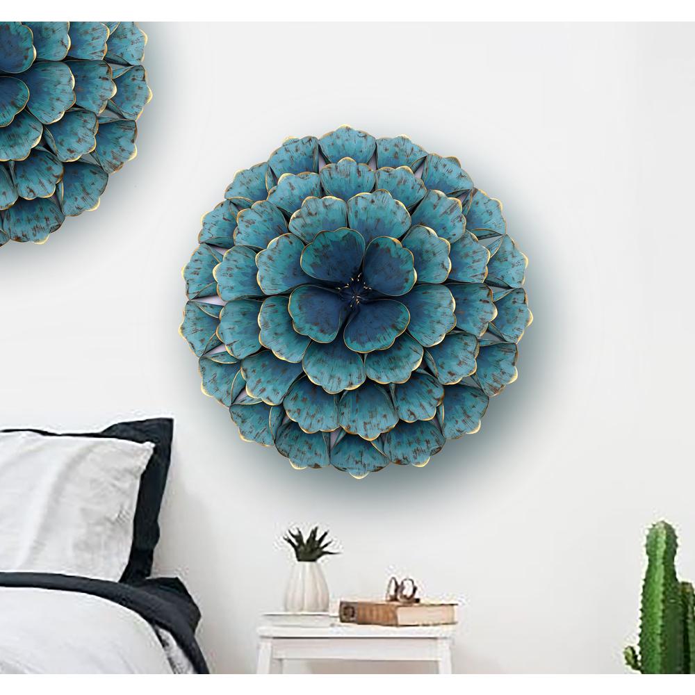 23.5" Round Teal Blue Flower Metal Wall Decor. Picture 8