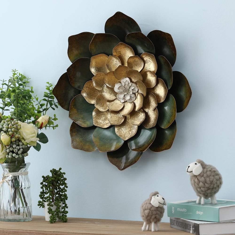 19-Inch Green, Gold, and White Metal Flower Wall Decor. Picture 5