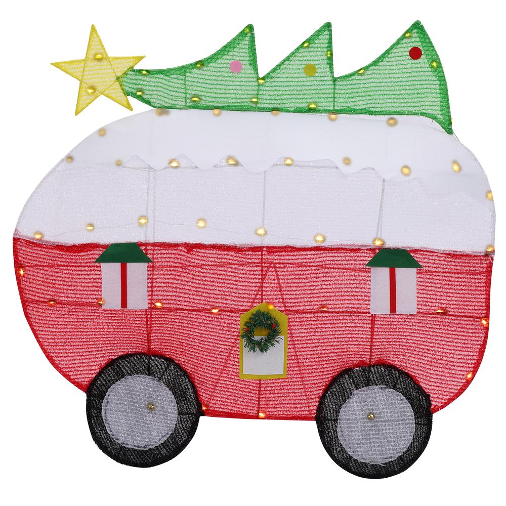 Red and White Camper with Tree Lighted Indoor Outdoor Holiday Decoration. Picture 1