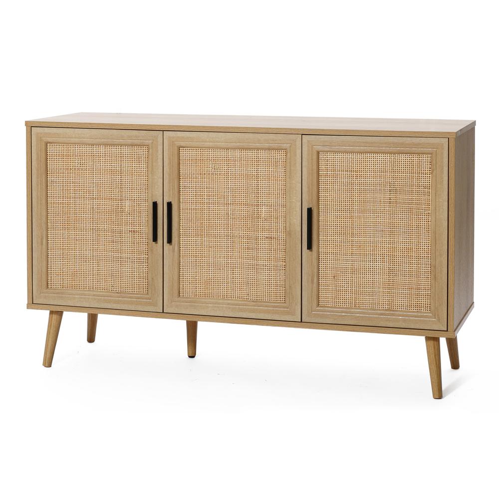 47.2" Wide 3-Door Rattan Light Oak Finish Wood Sideboard Cabinet. Picture 2