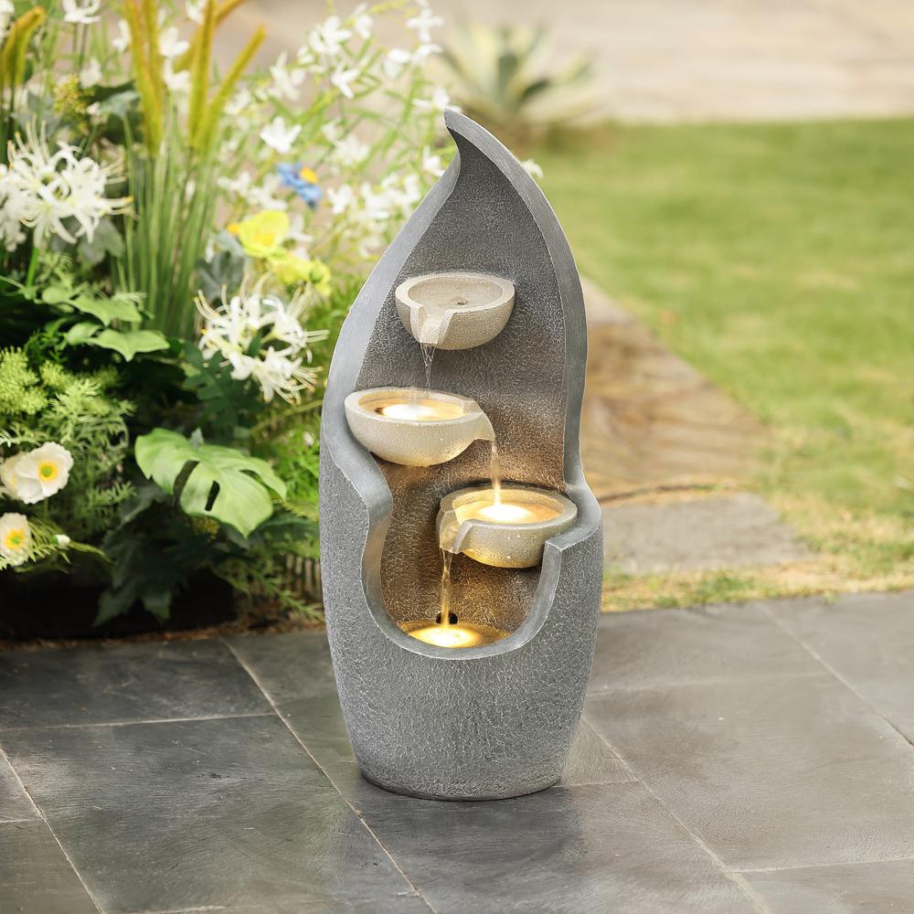 Gray Curves Cascading Bowls Resin Outdoor Fountain with LED Lights. Picture 2