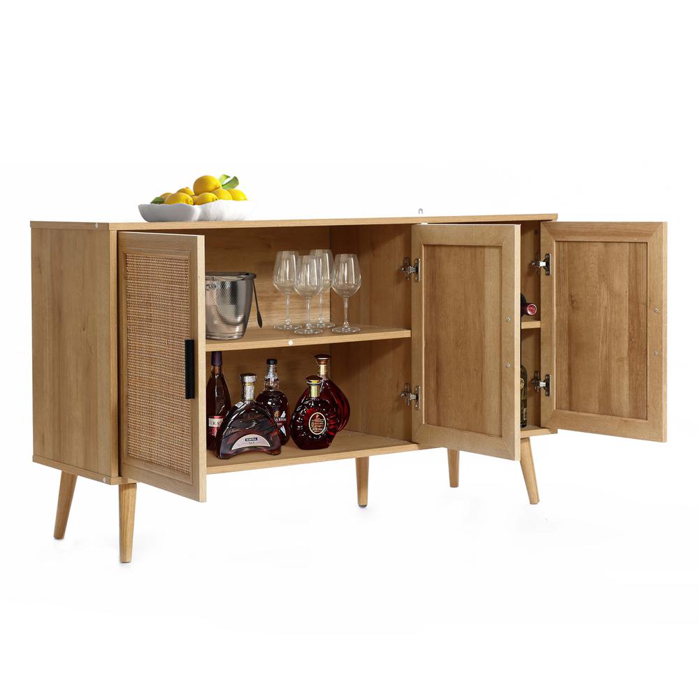 47.2" Wide 3-Door Rattan Light Oak Finish Wood Sideboard Cabinet. Picture 7