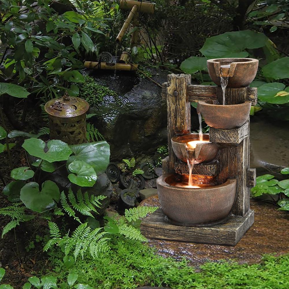 23.2" H Bowls and Fence Resin Outdoor Fountain with LED Lights. Picture 5